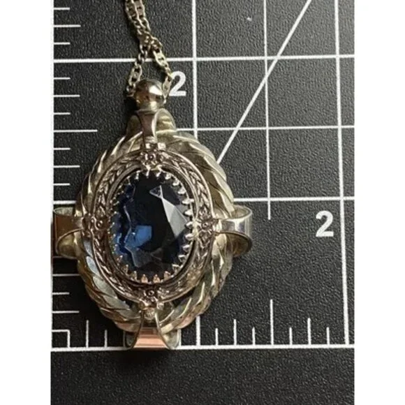 Vintage Blue Glass Pendant Necklace Faceted Silver Tone Dog Tooth Ornate Setting - Picture 9 of 9